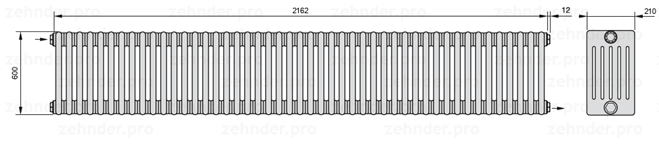 Схема (чертеж) Радиатор Zehnder Charleston 6060/47 №1670 Белый глянцевый RAL 9016